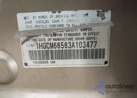 2003 Honda Accord 3.0 Ex from USA, damaged, VIN 1HGCM66563A103477